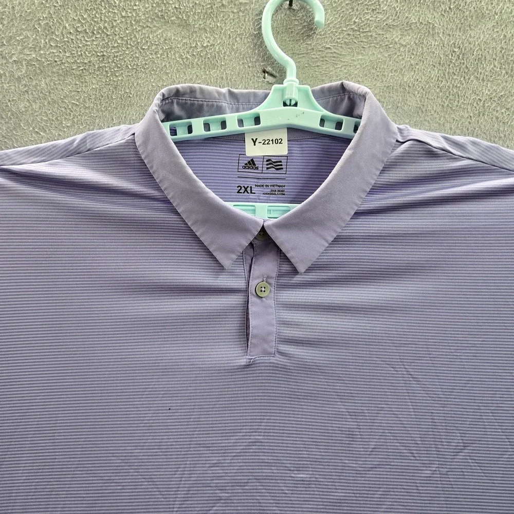 Adidas Men Polo 2XL Purple Golf Striped Button Logo Short Sleeve‎